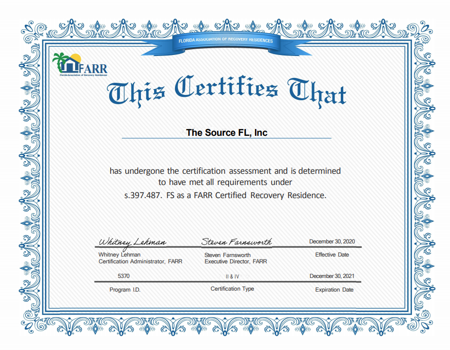 The Source Addiction Treatment Center FL - FARR Certification - Certification for Recovery Residences in Florida